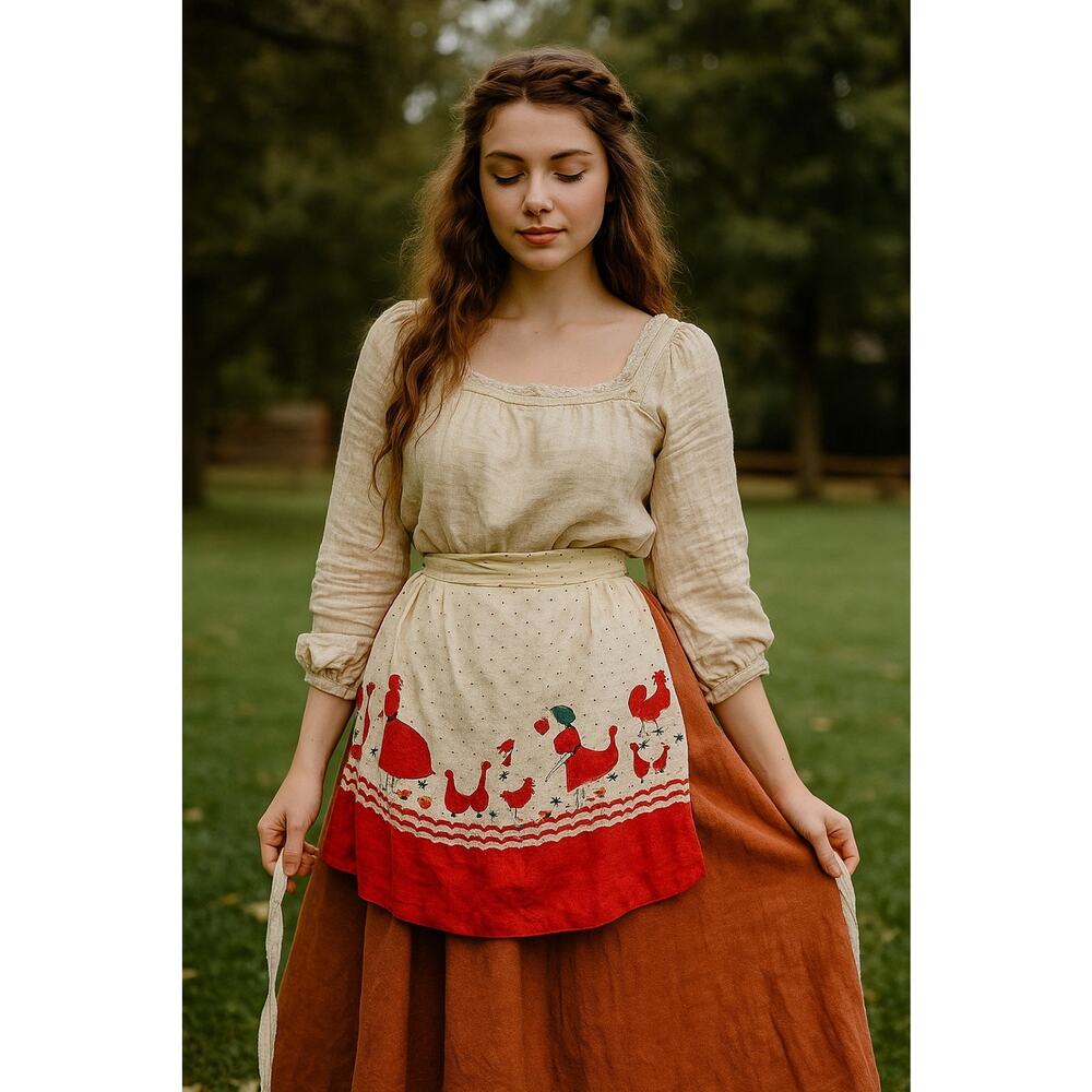 Vtg 60s Red Farm Barn Cottagecore Grannycore Kitchen Half Apron Womans‎ One Size